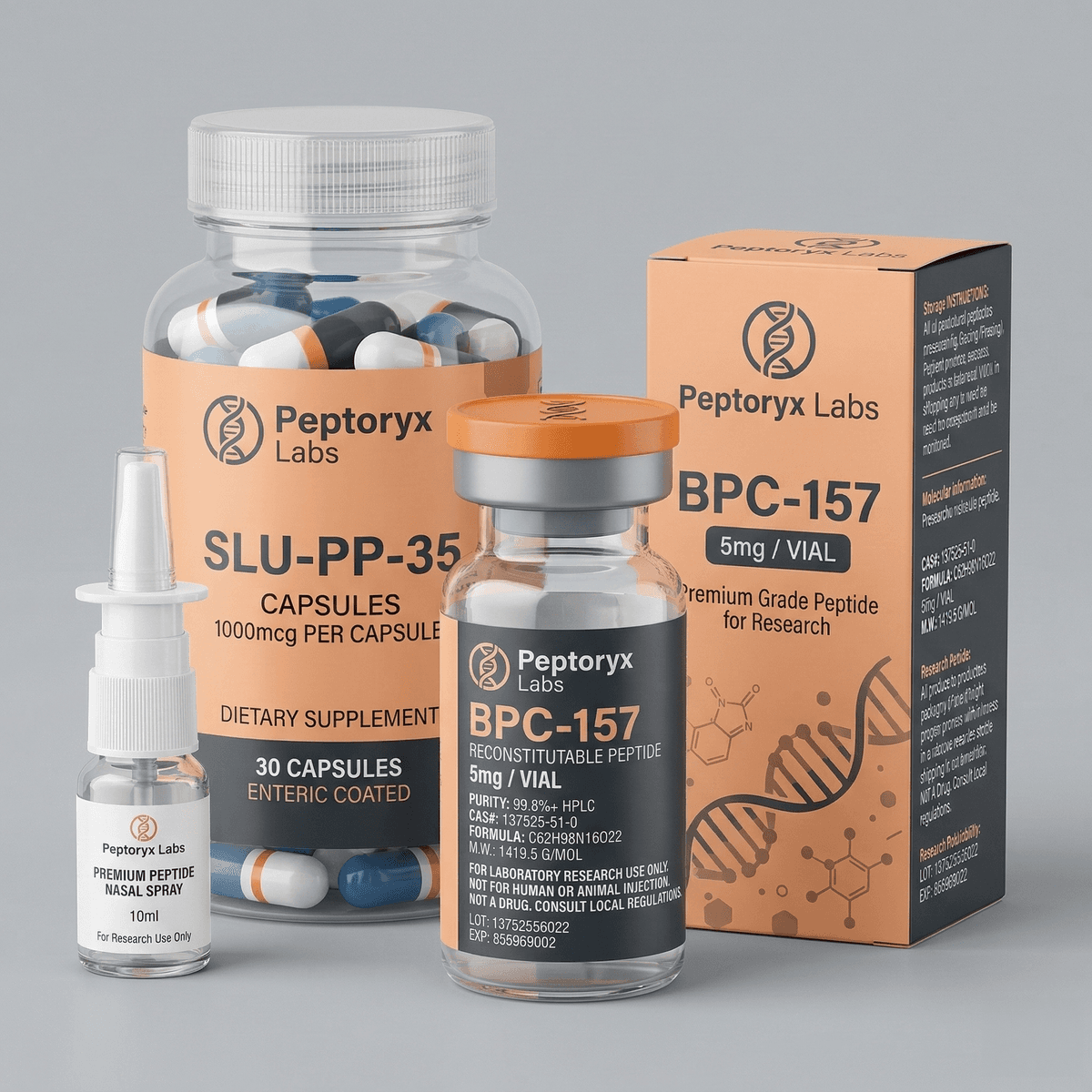full brand consistency across peptide packaging range secondary box and labels