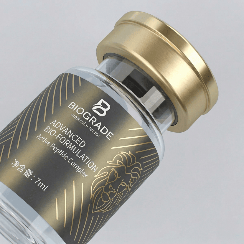 silver BOPP shrink sleeve label on peptide vial with custom cap