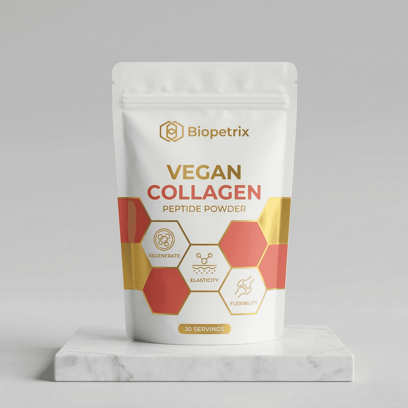 branded stand-up pouch for peptide powder wellness supplement D2C packaging